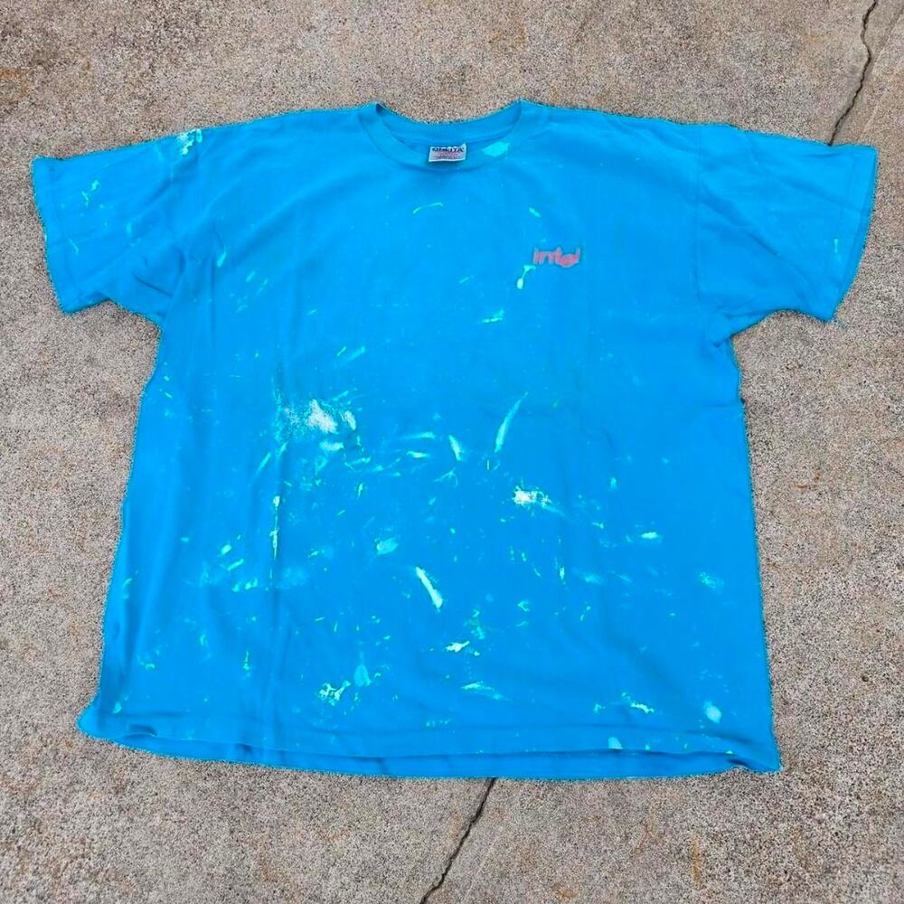Vtg 90s INTEL Small Spellout Logo Paint Distressed Computer Tech Tee Blue XL